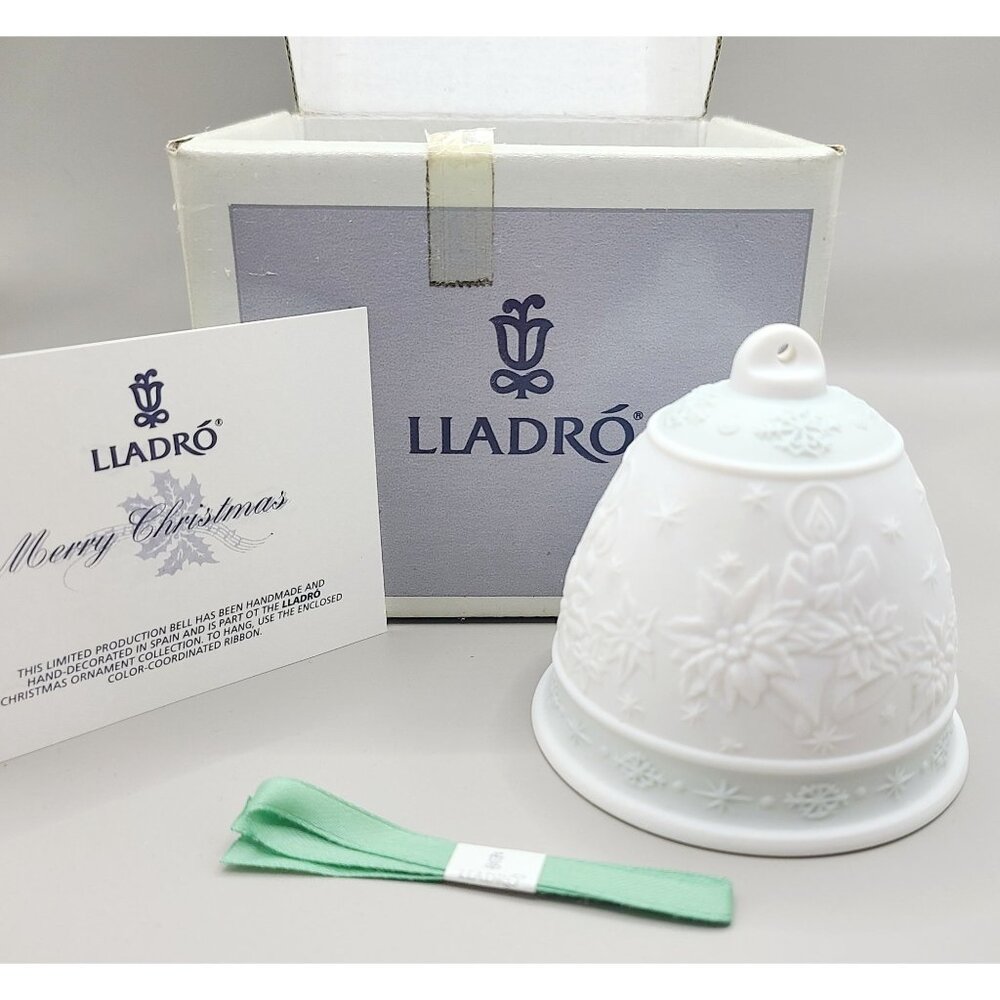 Lladro 1992 Porcelain Christmas Bell Ornament Poinsettia & Candle w/ Box